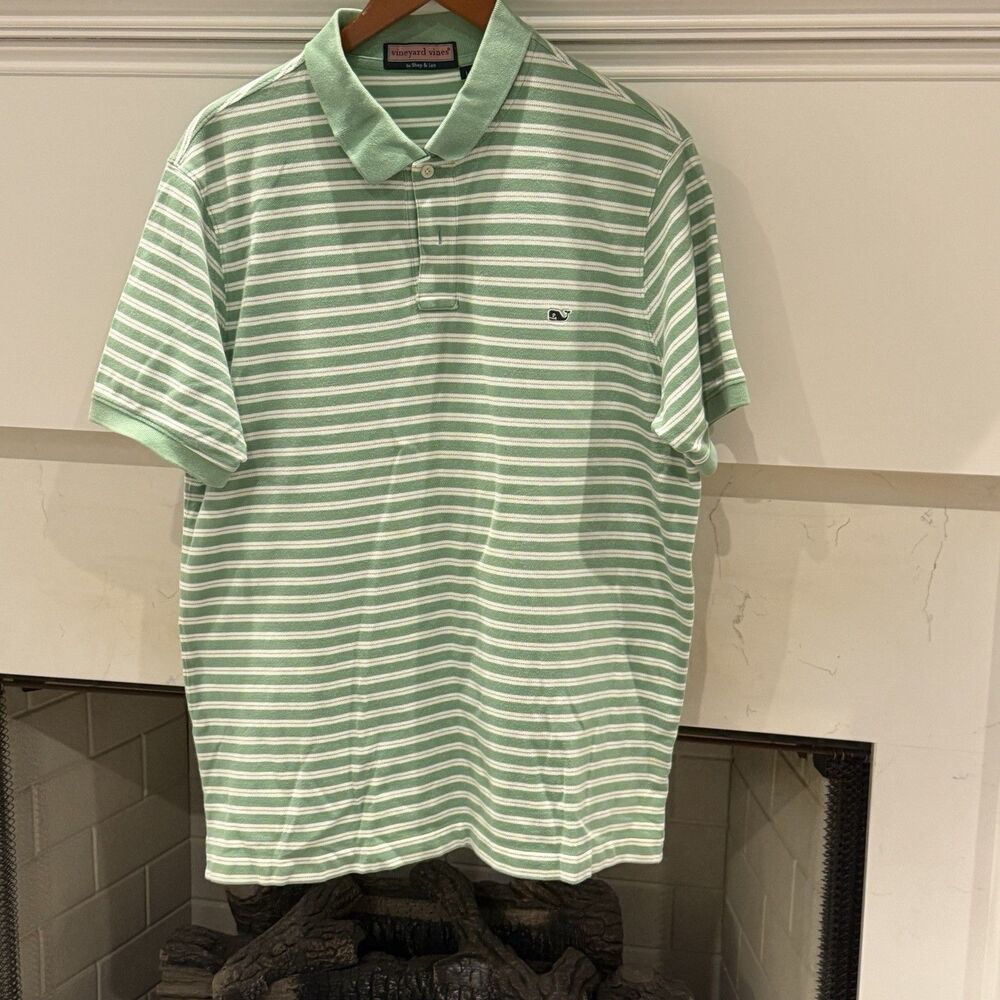 Vineyard Vines Men's Large Pima Cotton Polo Shirt Green White Stripe Whale Logo